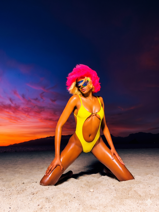 Vibrant Yellow Cut-Out One-Piece Swimsuit with Gold Detail